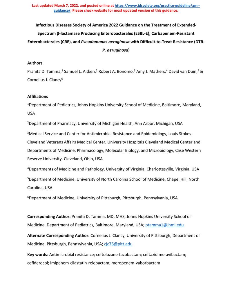 INFECTIOUS DISEASES SOCIETY OF AMERICA 2022 GUIDANCE ON THE TREATMENT OF EXTENDED-SPECTRUM β-LACTAMASE PRODUCING ENTEROBACTERALES (ESBL-E), CARBAPENEM-RESISTANT ENTEROBACTERALES (CRE), AND PSEUDOMONAS AERUGINOSA WITH DIFFICULT-TO-TREAT RESISTANCE (DTR-P. cover