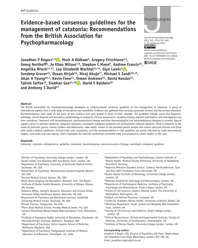 EVIDENCE-BASED CONSENSUS GUIDELINES FOR THE MANAGEMENT OF CATATONIA: RECOMMENDATIONS FROM THE BRITISH ASSOCIATION FOR PSYCHOPHARMACOLOGY cover