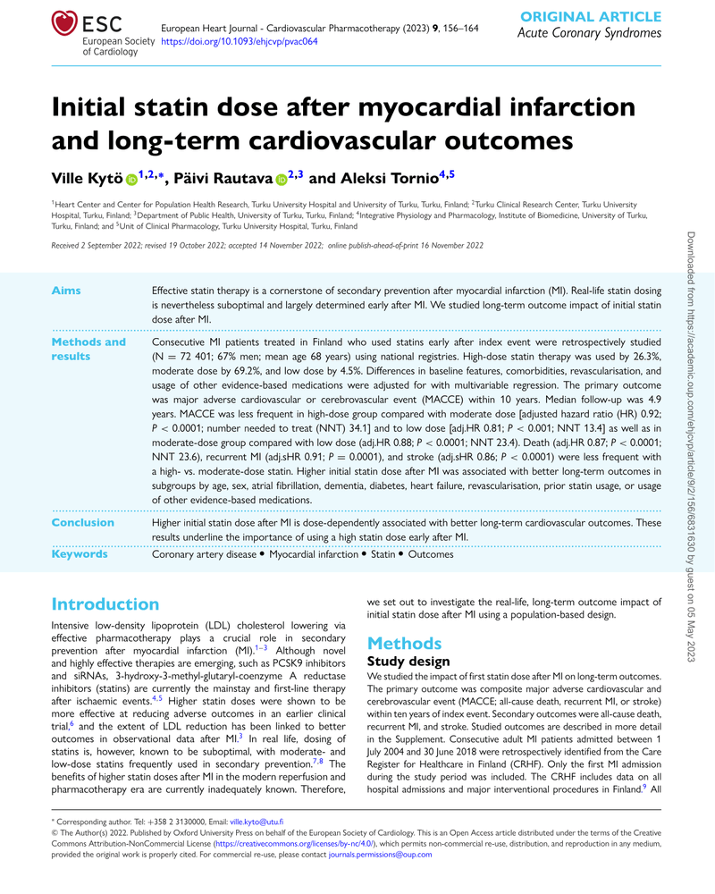 INITIAL STATIN DOSE AFTER MYOCARDIAL INFARCTION AND LONG-TERM CARDIOVASCULAR OUTCOMES cover