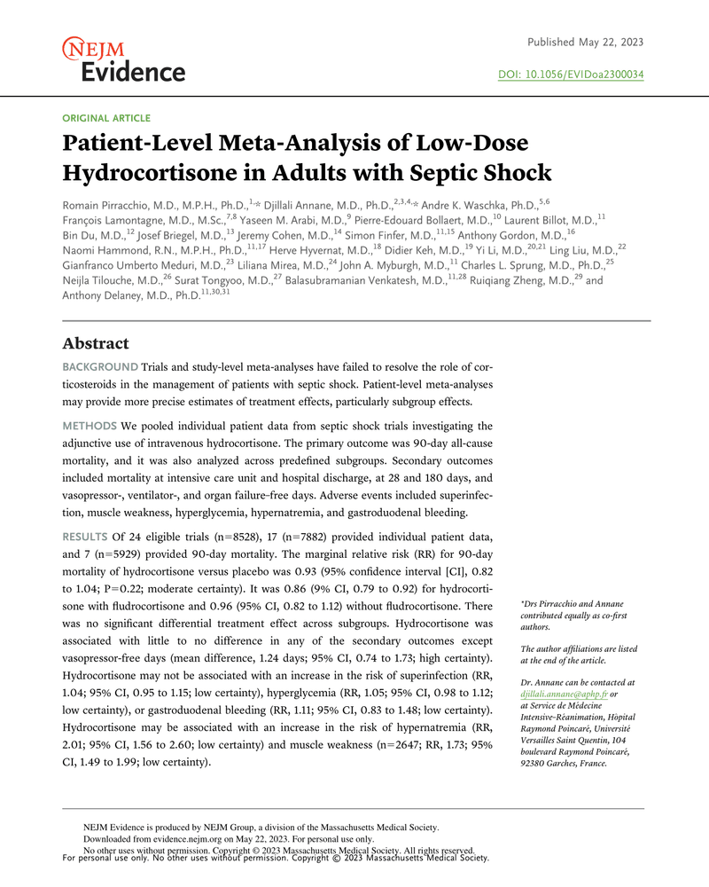 PATIENT-LEVEL META-ANALYSIS OF LOW-DOSE HYDROCORTISONE IN ADULTS WITH SEPTIC SHOCK cover