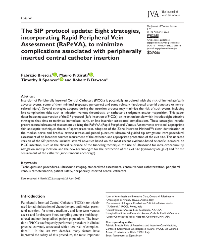 THE SIP PROTOCOL UPDATE: EIGHT STRATEGIES, INCORPORATING RAPID PERIPHERAL VEIN ASSESSMENT (RAPEVA), TO MINIMIZE COMPLICATIONS ASSOCIATED WITH PERIPHERALLY INSERTED CENTRAL CATHETER INSERTION cover