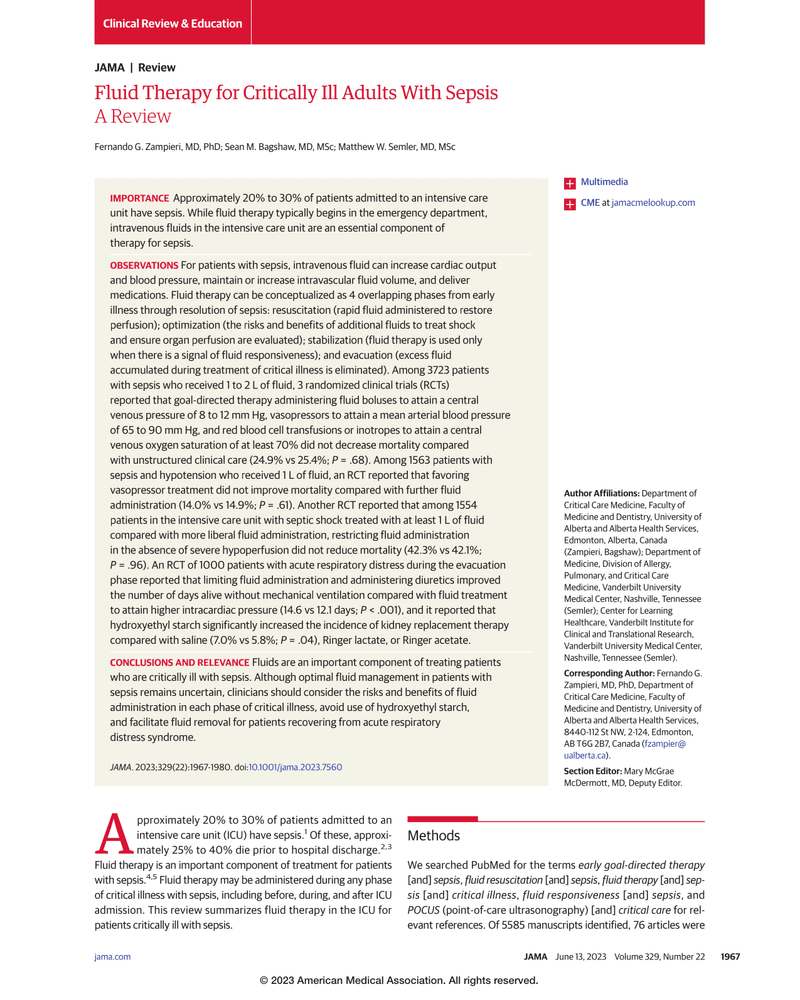 FLUID THERAPY FOR CRITICALLY ILL ADULTS WITH SEPSIS cover