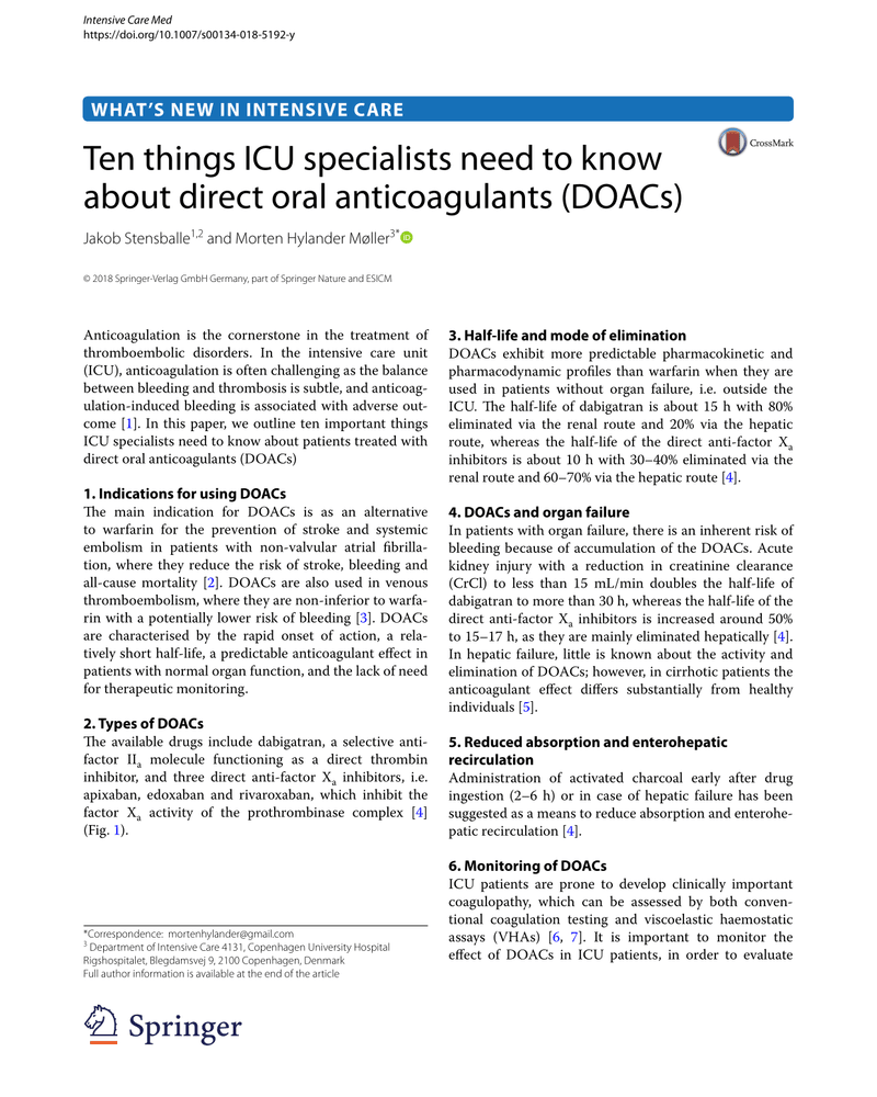 TEN THINGS ICU SPECIALISTS NEED TO KNOW ABOUT DIRECT ORAL ANTICOAGULANTS (DOACS) cover