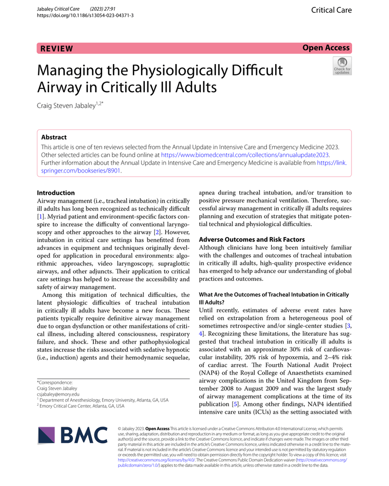 MANAGING THE PHYSIOLOGICALLY DIFFICULT AIRWAY IN CRITICALLY ILL ADULTS cover