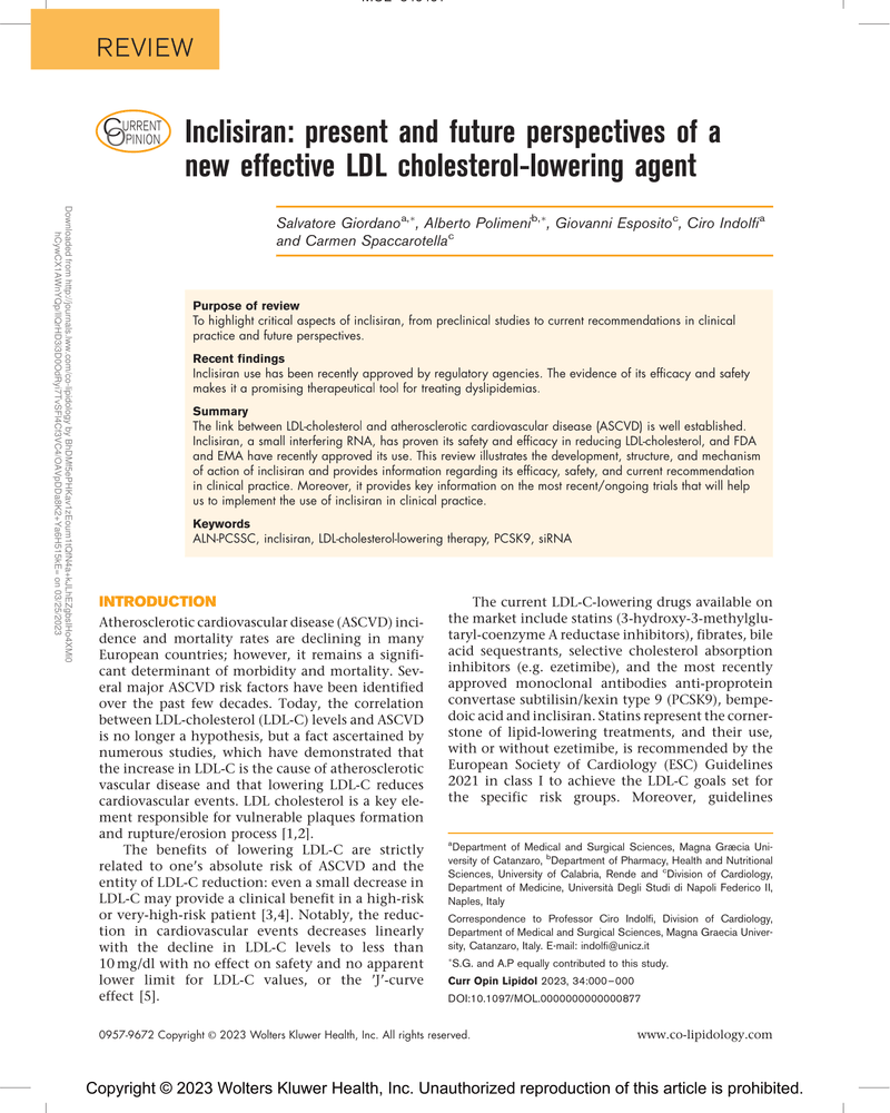 INCLISIRAN: PRESENT AND FUTURE PERSPECTIVES OF A NEW EFFECTIVE LDL CHOLESTEROL-LOWERING AGENT cover