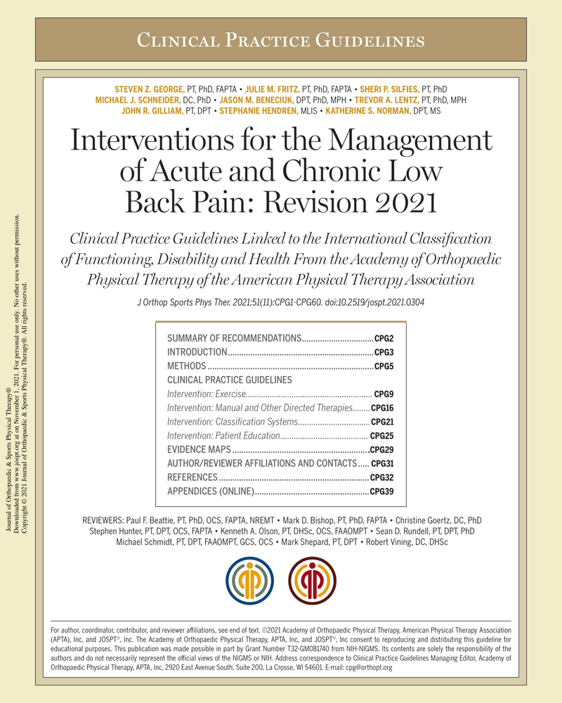 INTERVENTIONS FOR THE MANAGEMENT OF ACUTE AND CHRONIC LOW BACK PAIN: REVISION 2021 cover