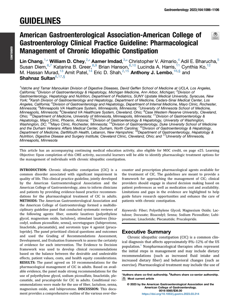 AMERICAN GASTROENTEROLOGICAL ASSOCIATION-AMERICAN COLLEGE OF GASTROENTEROLOGY CLINICAL PRACTICE GUIDELINE: PHARMACOLOGICAL MANAGEMENT OF CHRONIC IDIOPATHIC CONSTIPATION cover