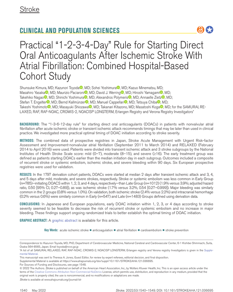 PRACTICAL “1-2-3-4-DAY” RULE FOR STARTING DIRECT ORAL ANTICOAGULANTS AFTER ISCHEMIC STROKE WITH ATRIAL FIBRILLATION: COMBINED HOSPITAL-BASED COHORT STUDY cover