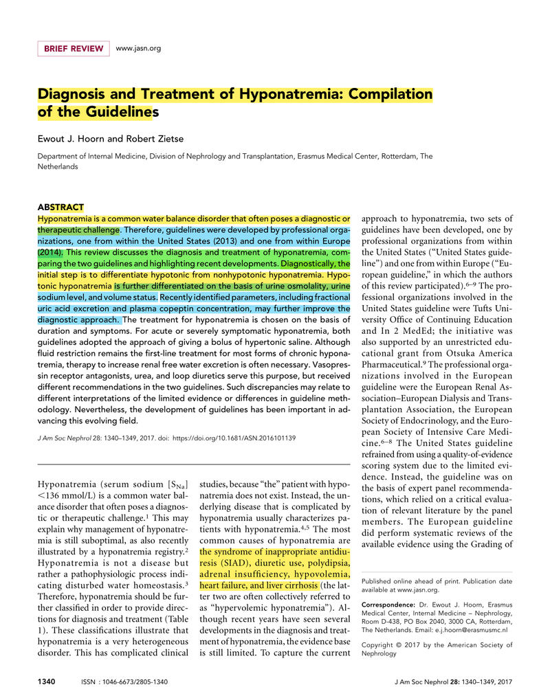 DIAGNOSIS AND TREATMENT OF HYPONATREMIA: COMPILATION OF THE GUIDELINES cover
