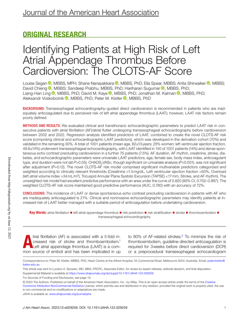 IDENTIFYING PATIENTS AT HIGH RISK OF LEFT ATRIAL APPENDAGE THROMBUS BEFORE CARDIOVERSION: THE CLOTS-AF SCORE cover