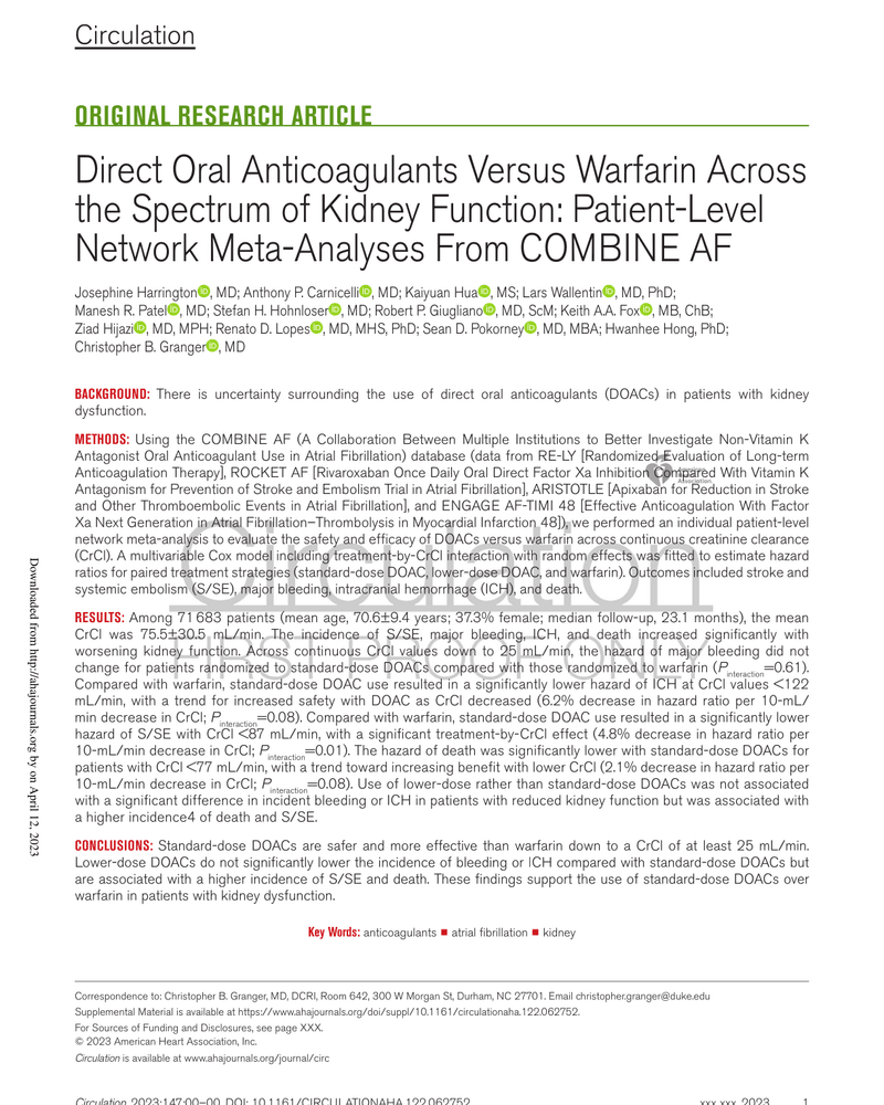 DIRECT ORAL ANTICOAGULANTS VERSUS WARFARIN ACROSS THE SPECTRUM OF KIDNEY FUNCTION: PATIENT-LEVEL NETWORK META-ANALYSES FROM COMBINE AF cover