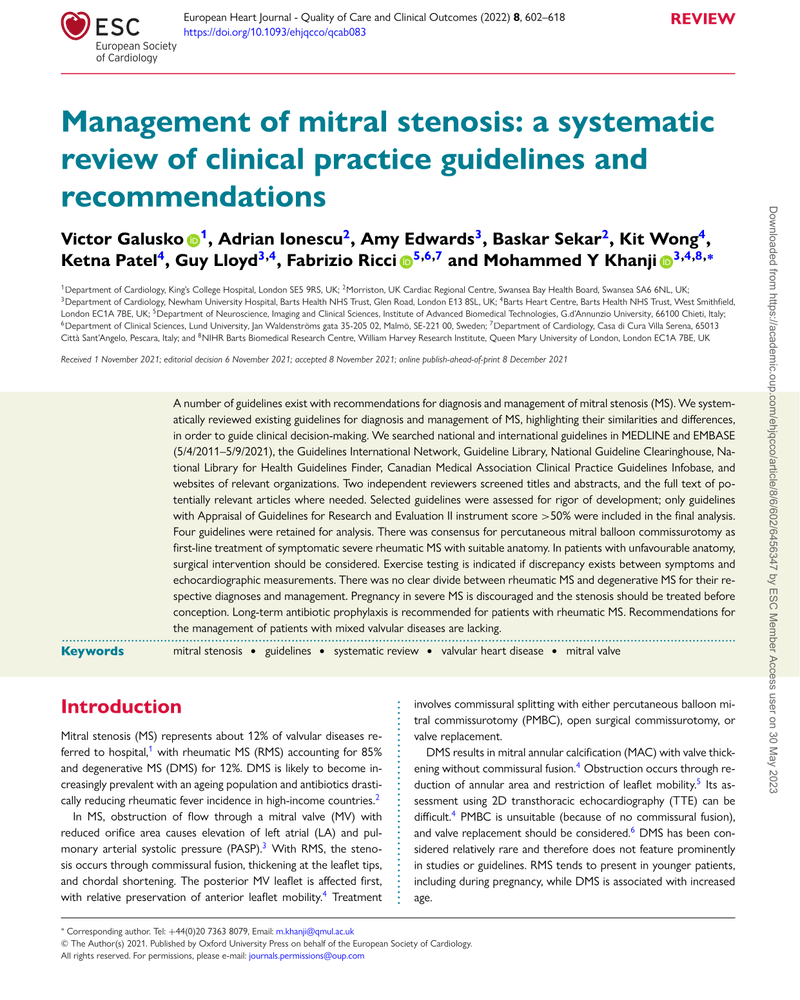 MANAGEMENT OF MITRAL STENOSIS: A SYSTEMATIC REVIEW OF CLINICAL PRACTICE GUIDELINES AND RECOMMENDATIONS cover