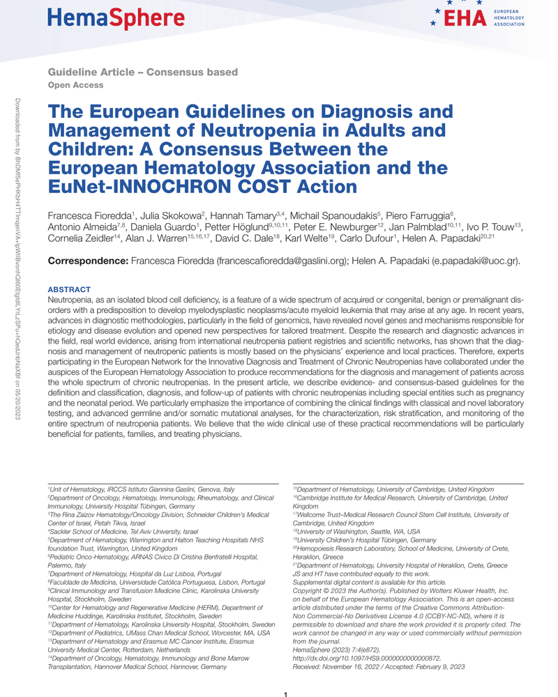 THE EUROPEAN GUIDELINES ON DIAGNOSIS AND MANAGEMENT OF NEUTROPENIA IN ADULTS AND CHILDREN: A CONSENSUS BETWEEN THE EUROPEAN HEMATOLOGY ASSOCIATION AND THE EUNET-INNOCHRON COST ACTION cover