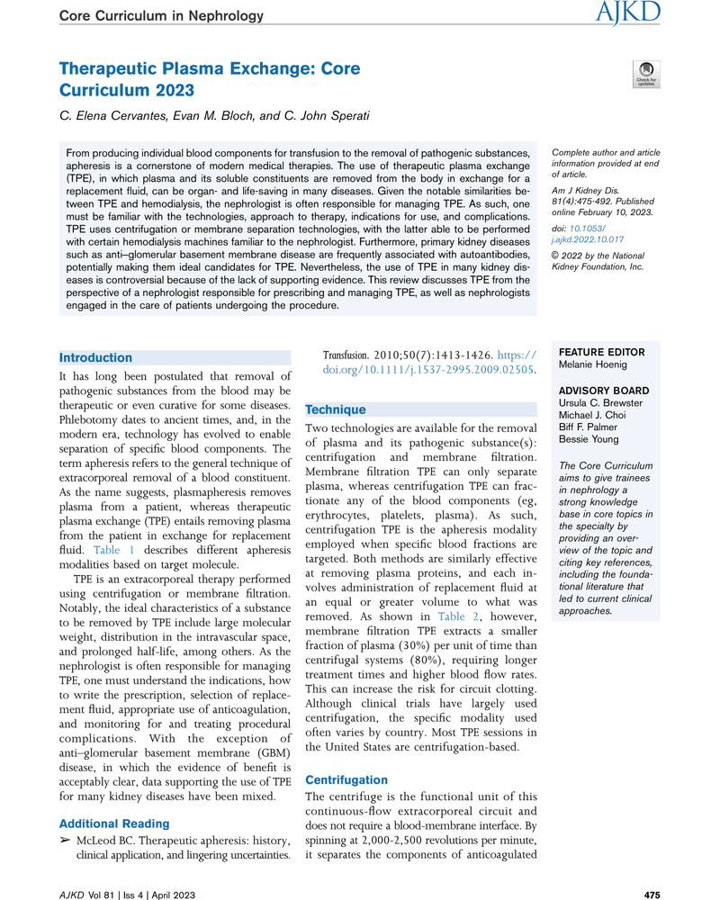 THERAPEUTIC PLASMA EXCHANGE: CORE CURRICULUM 2023 cover