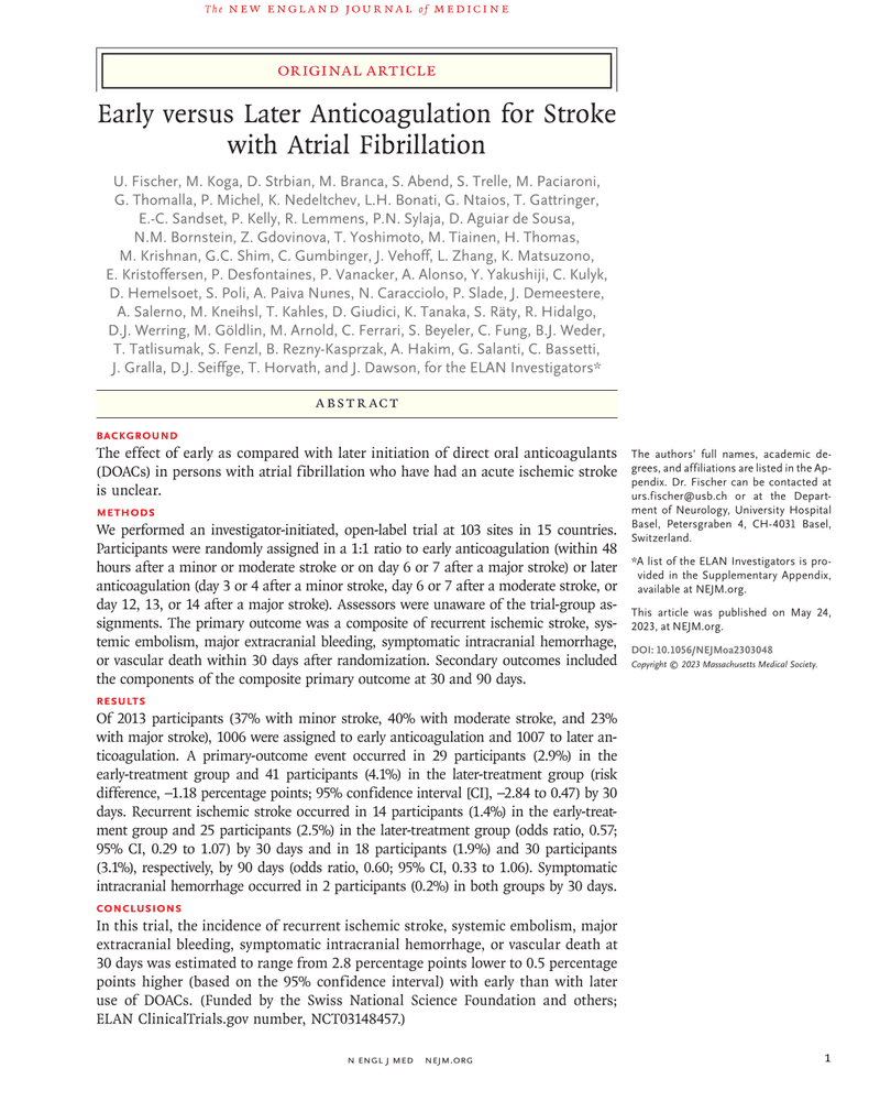 EARLY VERSUS LATER ANTICOAGULATION FOR STROKE WITH ATRIAL FIBRILLATION cover