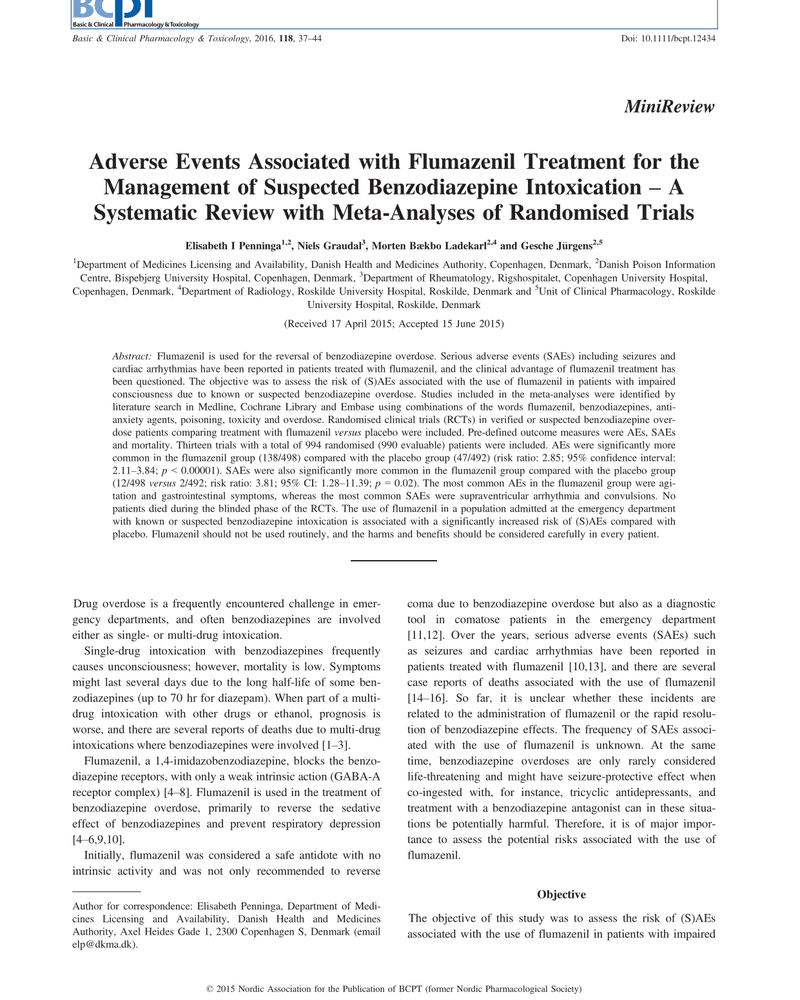 ADVERSE EVENTS ASSOCIATED WITH FLUMAZENIL TREATMENT FOR THE MANAGEMENT OF SUSPECTED BENZODIAZEPINE INTOXICATION – A SYSTEMATIC REVIEW WITH META-ANALYSES OF RANDOMISED TRIALS cover
