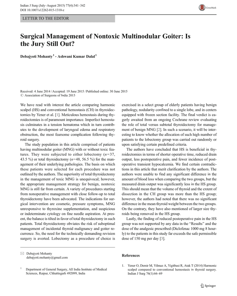 SURGICAL MANAGEMENT OF NONTOXIC MULTINODULAR GOITER: IS THE JURY STILL OUT? cover