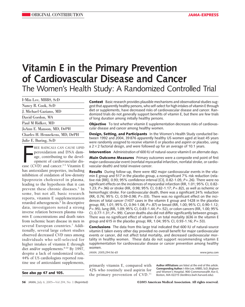 VITAMIN E IN THE PRIMARY PREVENTION OF CARDIOVASCULAR DISEASE AND CANCER cover
