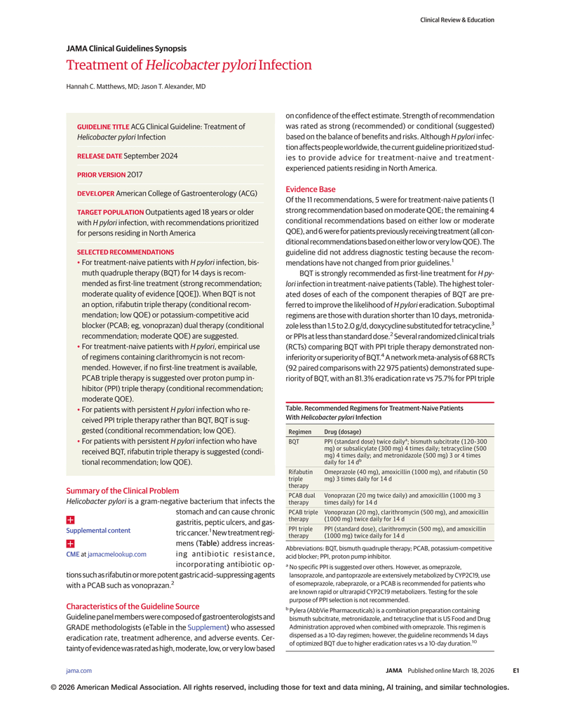TREATMENT OF HELICOBACTER PYLORI INFECTION cover