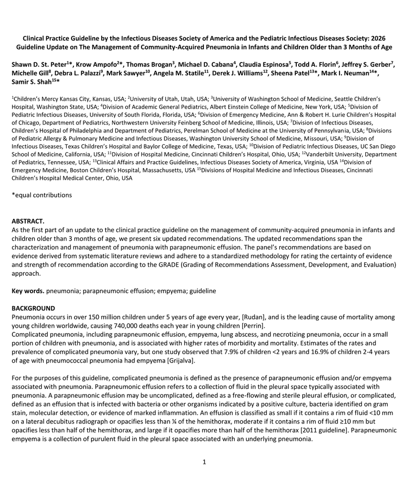 CLINICAL PRACTICE GUIDELINE BY THE INFECTIOUS DISEASES SOCIETY OF AMERICA AND THE PEDIATRIC INFECTIOUS DISEASES SOCIETY: 2026 GUIDELINE UPDATE ON THE MANAGEMENT OF COMMUNITY-ACQUIRED PNEUMONIA IN INFANTS AND CHILDREN OLDER THAN 3 MONTHS OF AGE cover