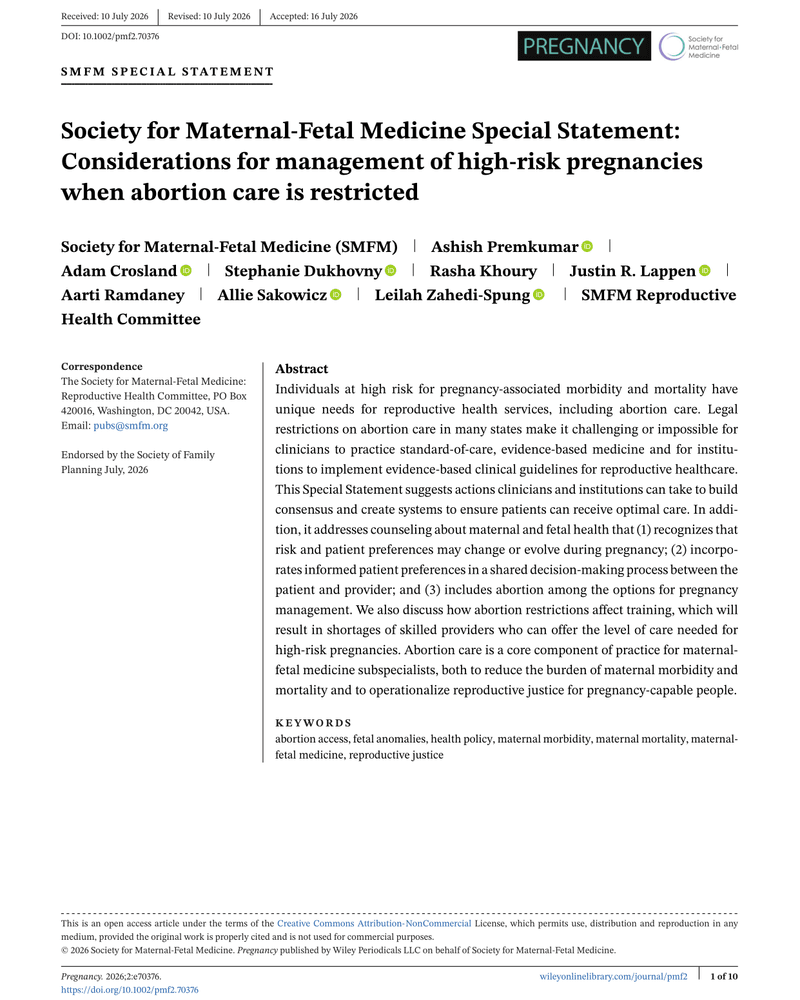 SOCIETY FOR MATERNAL-FETAL MEDICINE SPECIAL STATEMENT: CONSIDERATIONS FOR MANAGEMENT OF HIGH-RISK PREGNANCIES WHEN ABORTION CARE IS RESTRICTED cover