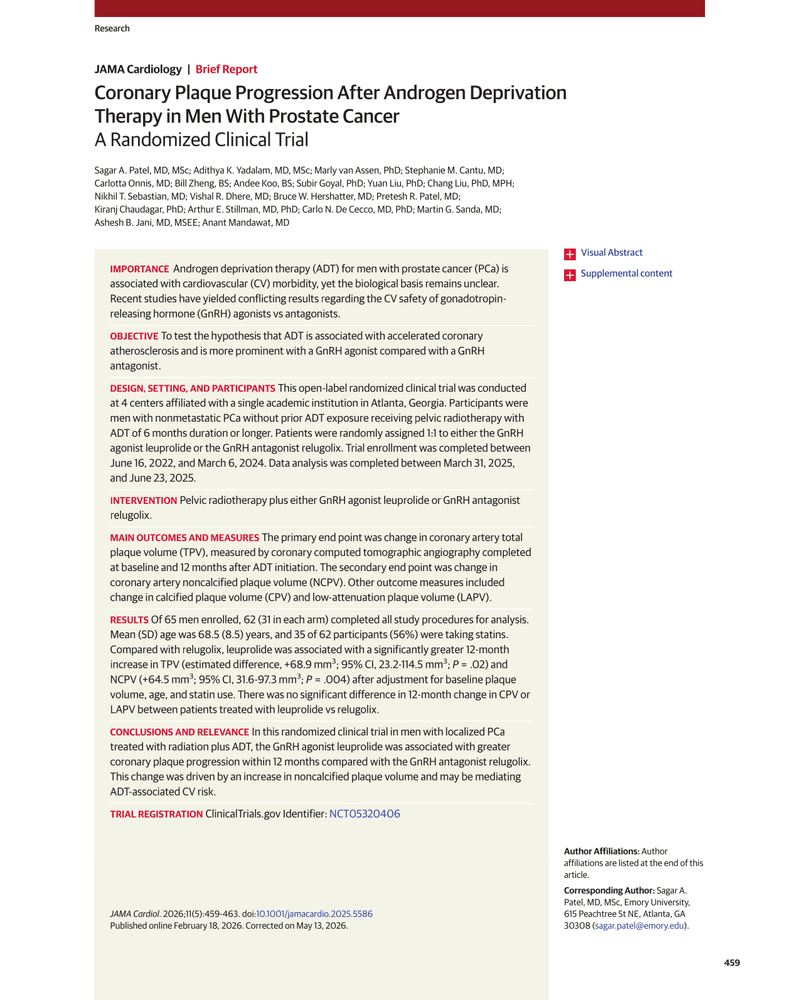 CORONARY PLAQUE PROGRESSION AFTER ANDROGEN DEPRIVATION THERAPY IN MEN WITH PROSTATE CANCER cover