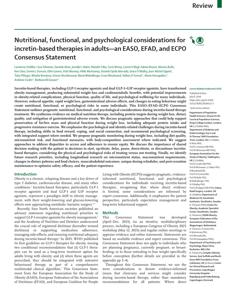 NUTRITIONAL, FUNCTIONAL, AND PSYCHOLOGICAL CONSIDERATIONS FOR INCRETIN-BASED THERAPIES IN ADULTS—AN EASO, EFAD, AND ECPO CONSENSUS STATEMENT cover