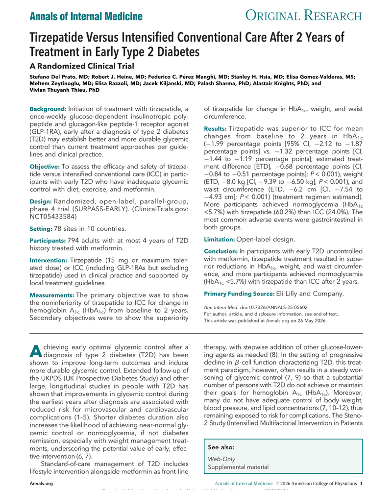 TIRZEPATIDE VERSUS INTENSIFIED CONVENTIONAL CARE AFTER 2 YEARS OF TREATMENT IN EARLY TYPE 2 DIABETES cover