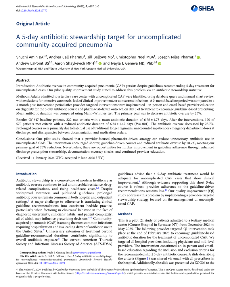 A 5-DAY ANTIBIOTIC STEWARDSHIP TARGET FOR UNCOMPLICATED COMMUNITY-ACQUIRED PNEUMONIA cover