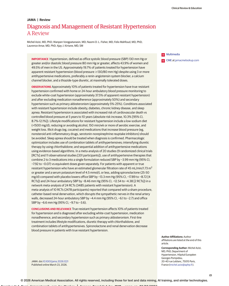 DIAGNOSIS AND MANAGEMENT OF RESISTANT HYPERTENSION cover