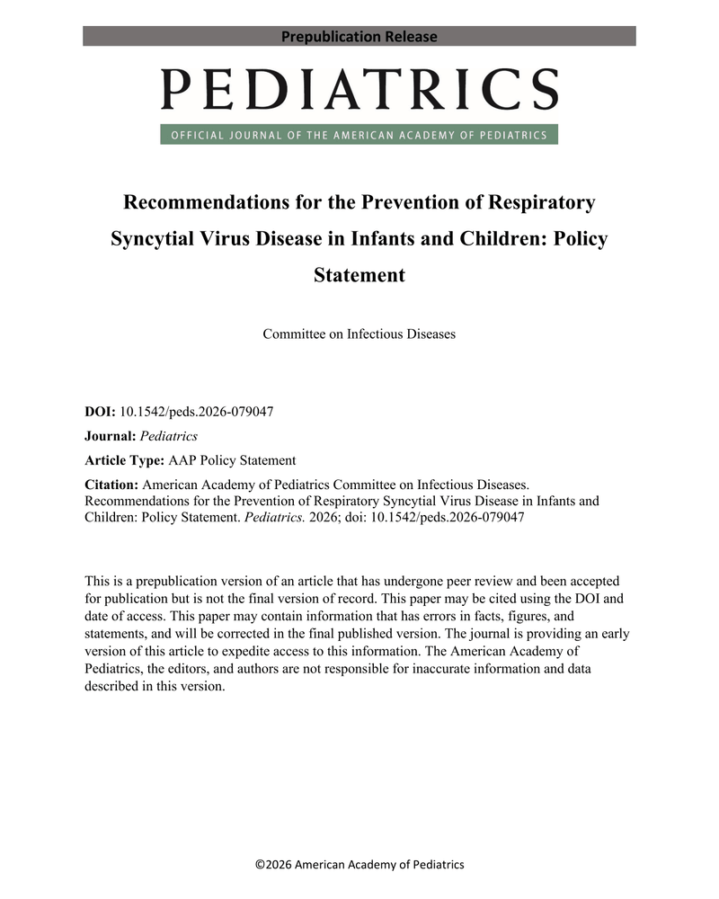 RECOMMENDATIONS FOR THE PREVENTION OF RESPIRATORY SYNCYTIAL VIRUS DISEASE IN INFANTS AND CHILDREN: POLICY STATEMENT cover