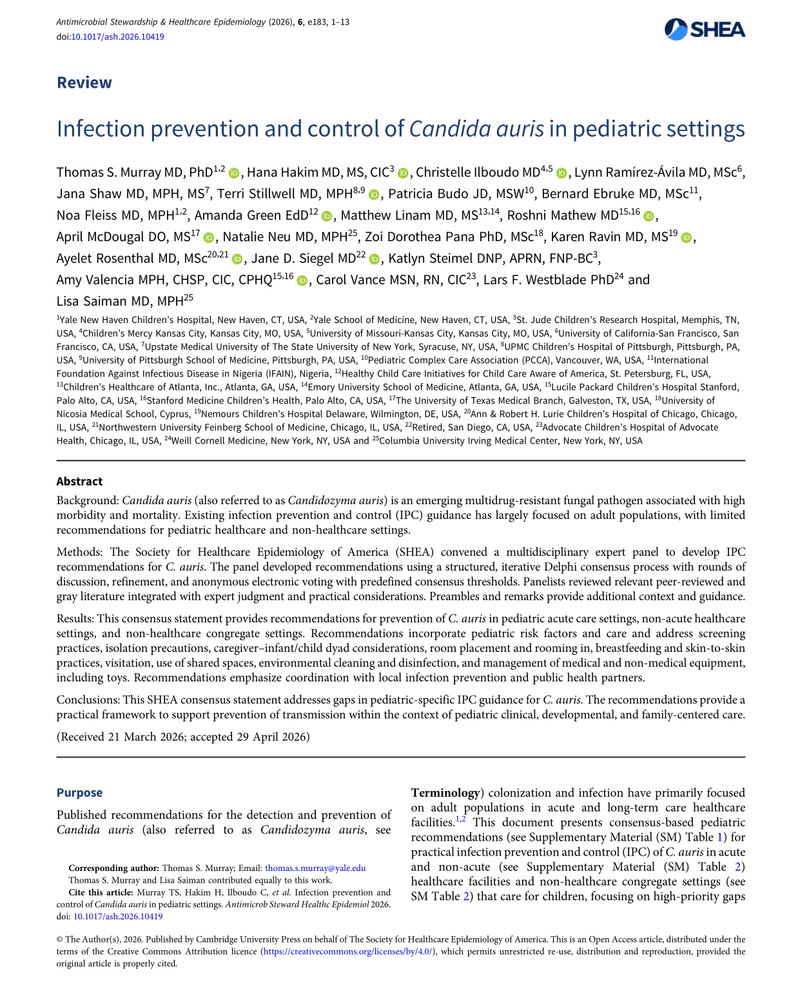 INFECTION PREVENTION AND CONTROL OF CANDIDA AURIS IN PEDIATRIC SETTINGS cover