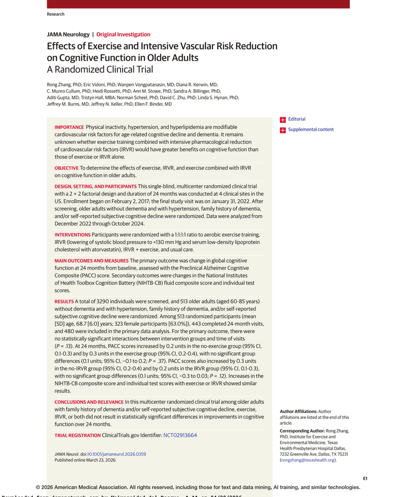 EFFECTS OF EXERCISE AND INTENSIVE VASCULAR RISK REDUCTION ON COGNITIVE FUNCTION IN OLDER ADULTS cover
