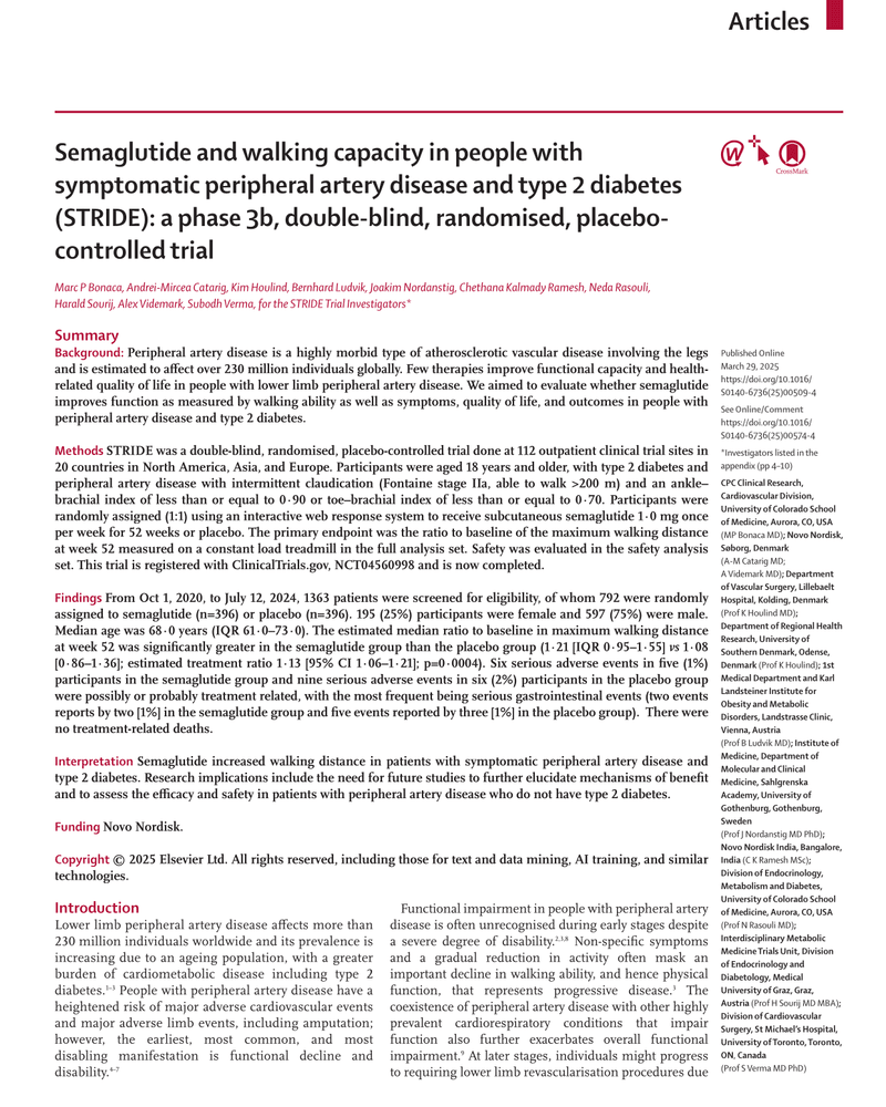 SEMAGLUTIDE AND WALKING CAPACITY IN PEOPLE WITH SYMPTOMATIC PERIPHERAL ARTERY DISEASE AND TYPE 2 DIABETES (STRIDE): A PHASE 3B, DOUBLE-BLIND, RANDOMISED, PLACEBO CONTROLLED TRIAL cover