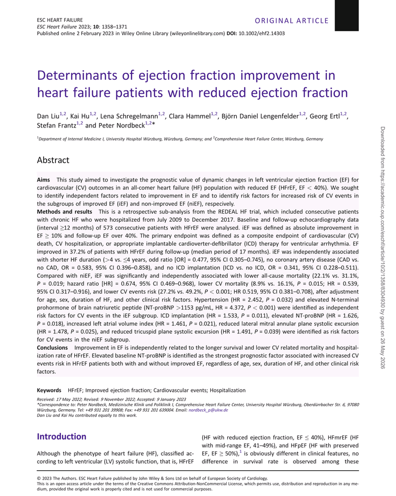 DETERMINANTS OF EJECTION FRACTION IMPROVEMENT IN HEART FAILURE PATIENTS WITH REDUCED EJECTION FRACTION cover