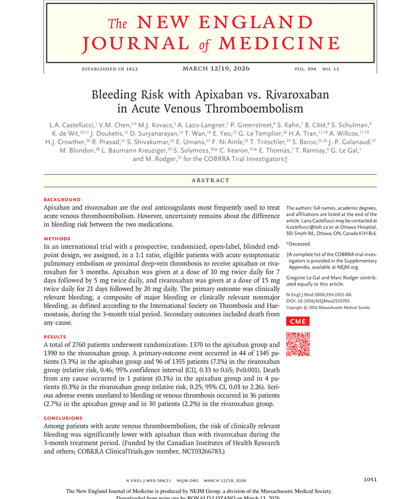 BLEEDING RISK WITH APIXABAN VS. RIVAROXABAN IN ACUTE VENOUS THROMBOEMBOLISM cover