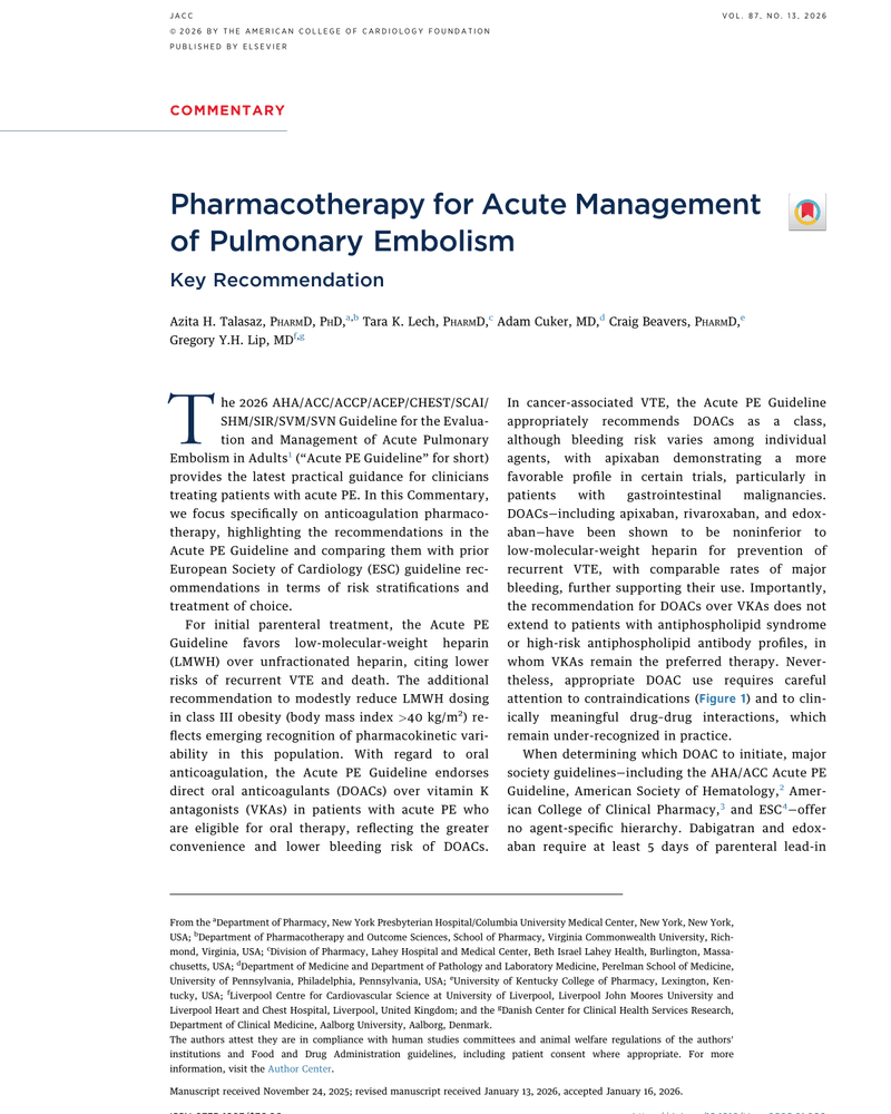 PHARMACOTHERAPY FOR ACUTE MANAGEMENT OF PULMONARY EMBOLISM cover