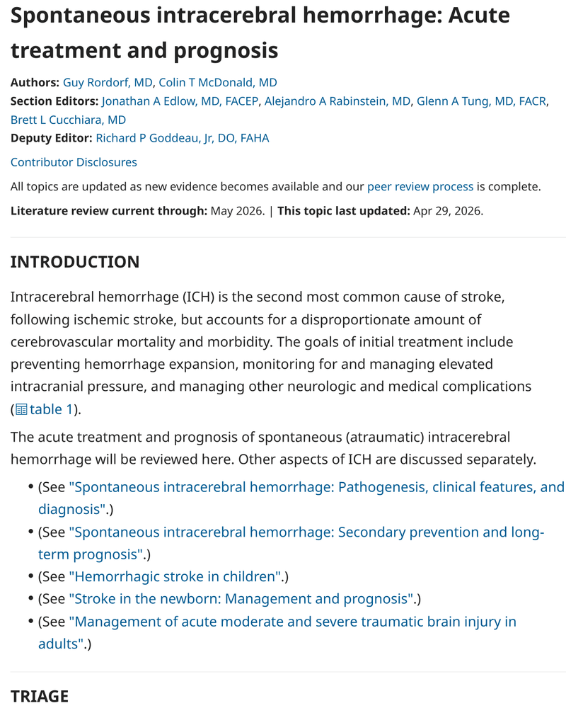 SPONTANEOUS INTRACEREBRAL HEMORRHAGE: ACUTE TREATMENT AND PROGNOSIS cover