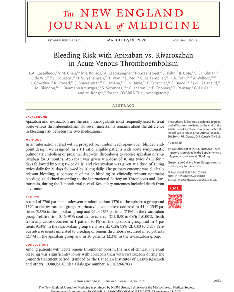BLEEDING RISK WITH APIXABAN VS. RIVAROXABAN IN ACUTE VENOUS THROMBOEMBOLISM cover