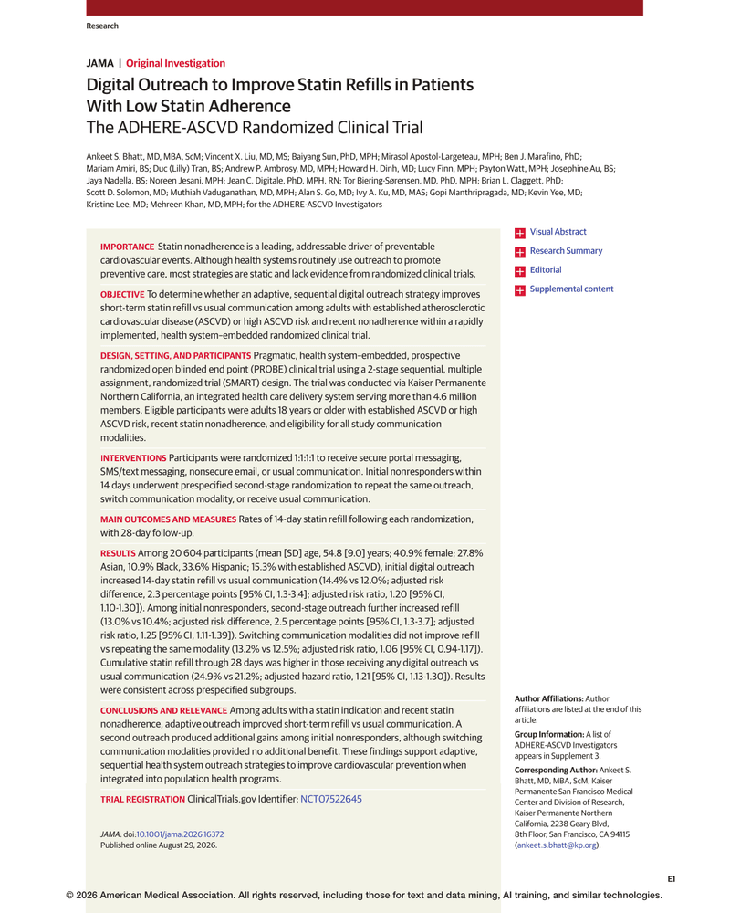 DIGITAL OUTREACH TO IMPROVE STATIN REFILLS IN PATIENTS WITH LOW STATIN ADHERENCE cover