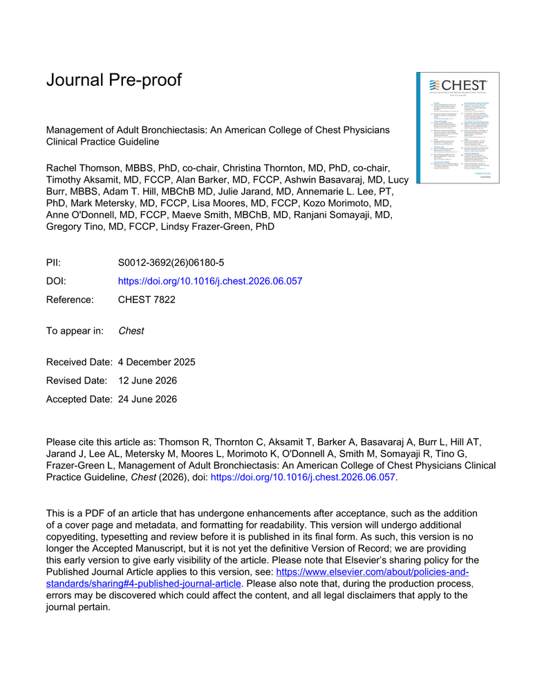 MANAGEMENT OF ADULT BRONCHIECTASIS: AN AMERICAN COLLEGE OF CHEST PHYSICIANS CLINICAL PRACTICE GUIDELINE cover
