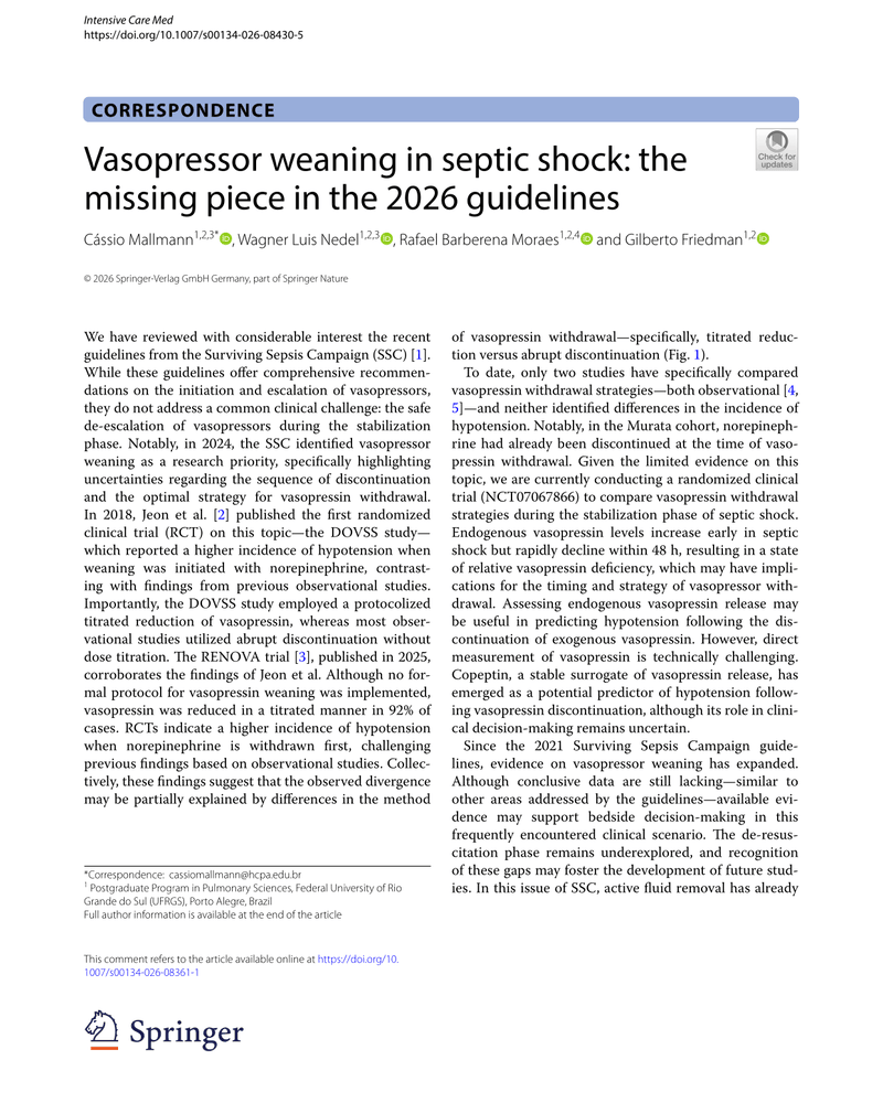VASOPRESSOR WEANING IN SEPTIC SHOCK: THE MISSING PIECE IN THE 2026 GUIDELINES cover