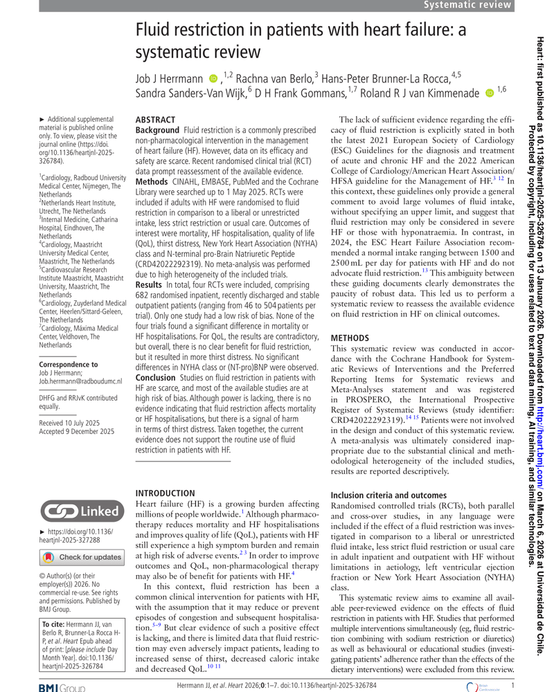 FLUID RESTRICTION IN PATIENTS WITH HEART FAILURE: A SYSTEMATIC REVIEW cover