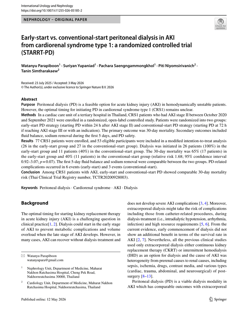 EARLY-START VS. CONVENTIONAL-START PERITONEAL DIALYSIS IN AKI FROM CARDIORENAL SYNDROME TYPE 1: A RANDOMIZED CONTROLLED TRIAL (STARRT-PD) cover