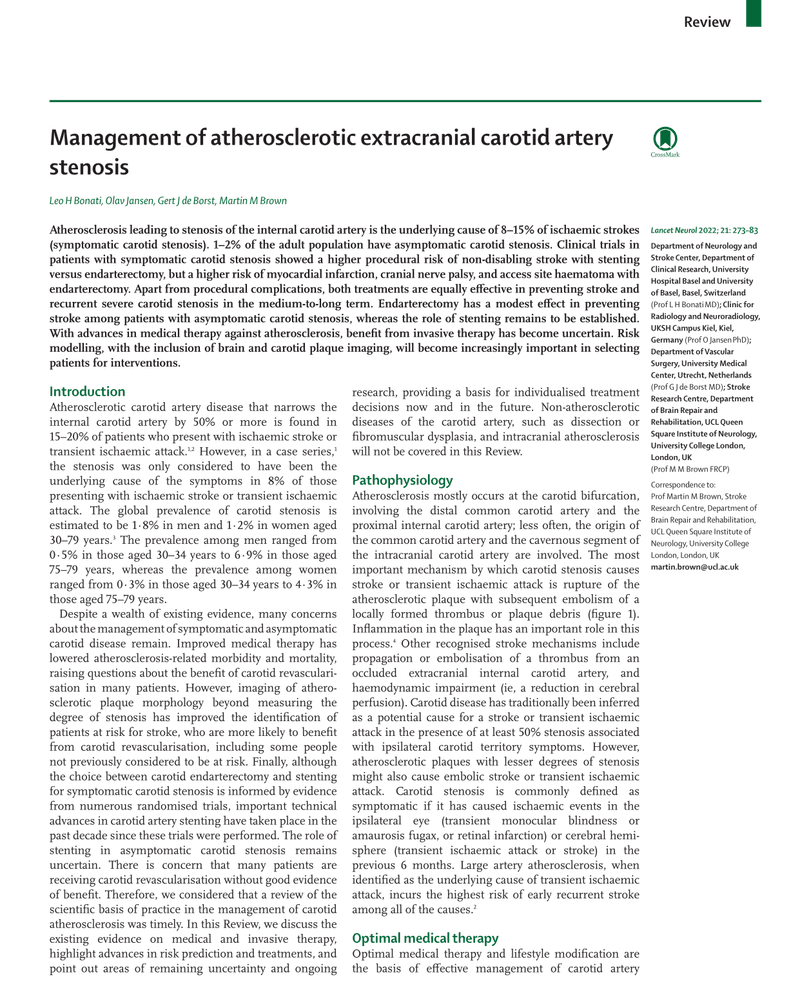 MANAGEMENT OF ATHEROSCLEROTIC EXTRACRANIAL CAROTID ARTERY STENOSIS cover