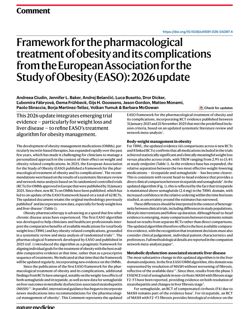 FRAMEWORK FOR THE PHARMACOLOGICAL TREATMENT OF OBESITY AND ITS COMPLICATIONS FROM THE EUROPEAN ASSOCIATION FOR THE STUDY OF OBESITY (EASO): 2026 UPDATE cover