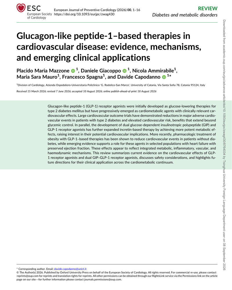 GLUCAGON-LIKE PEPTIDE-1–BASED THERAPIES IN CARDIOVASCULAR DISEASE: EVIDENCE, MECHANISMS, AND EMERGING CLINICAL APPLICATIONS cover