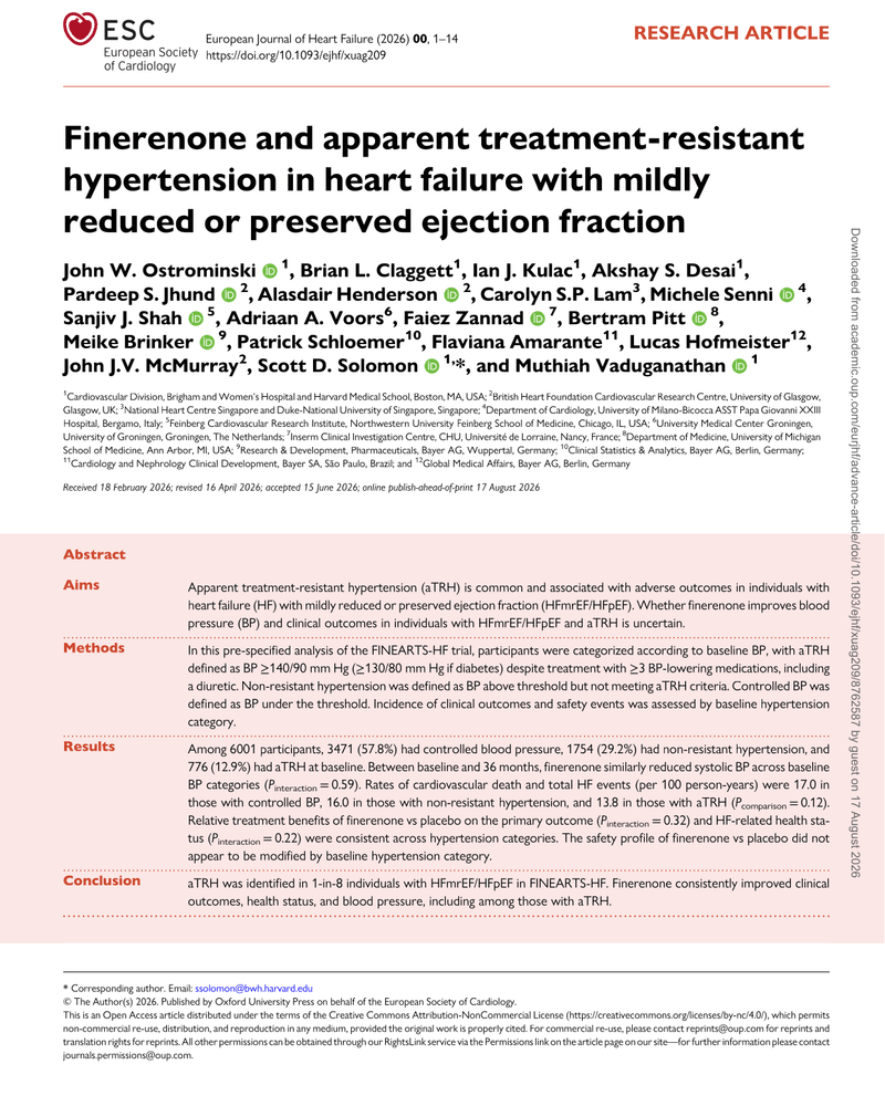 FINERENONE AND APPARENT TREATMENT-RESISTANT HYPERTENSION IN HEART FAILURE WITH MILDLY REDUCED OR PRESERVED EJECTION FRACTION cover