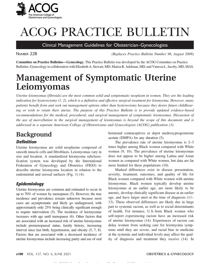 MANAGEMENT OF SYMPTOMATIC UTERINE LEIOMYOMAS cover