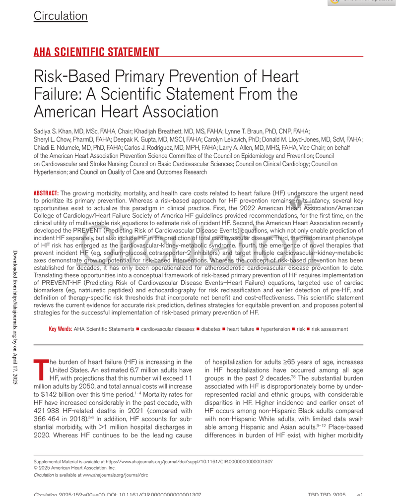 RISK-BASED PRIMARY PREVENTION OF HEART FAILURE: A SCIENTIFIC STATEMENT FROM THE AMERICAN HEART ASSOCIATION cover
